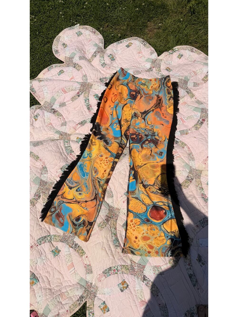 orange blue fringe pants Abstract Print Fringe Flare Festival Boho Pull On